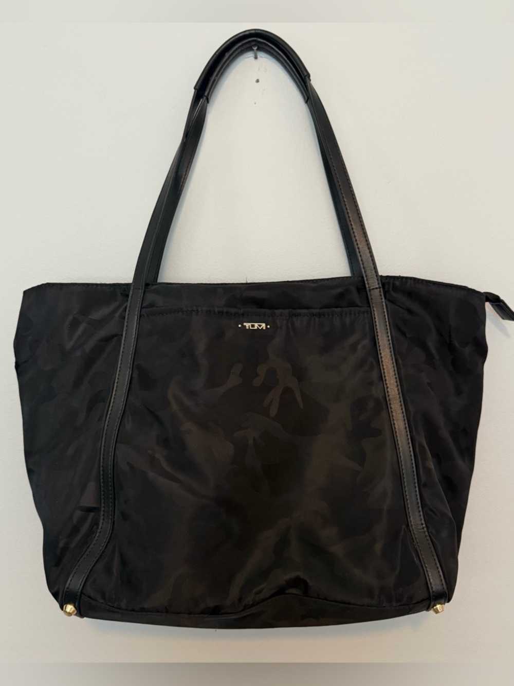 Tumi Black Camo Nylon Tote with Gold Logo